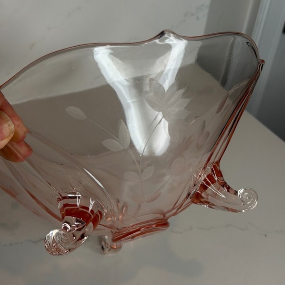 Lancaster Glass Jubilee‎ Pattern Three-Footed Bowl Etched Floral Design - Picture 4 of 9